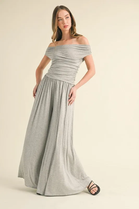 H Grey Off Shoulder Top With Shirring And Palazzo Pants