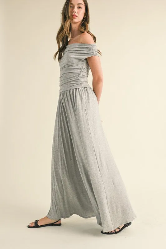 H Grey Off Shoulder Top With Shirring And Palazzo Pants