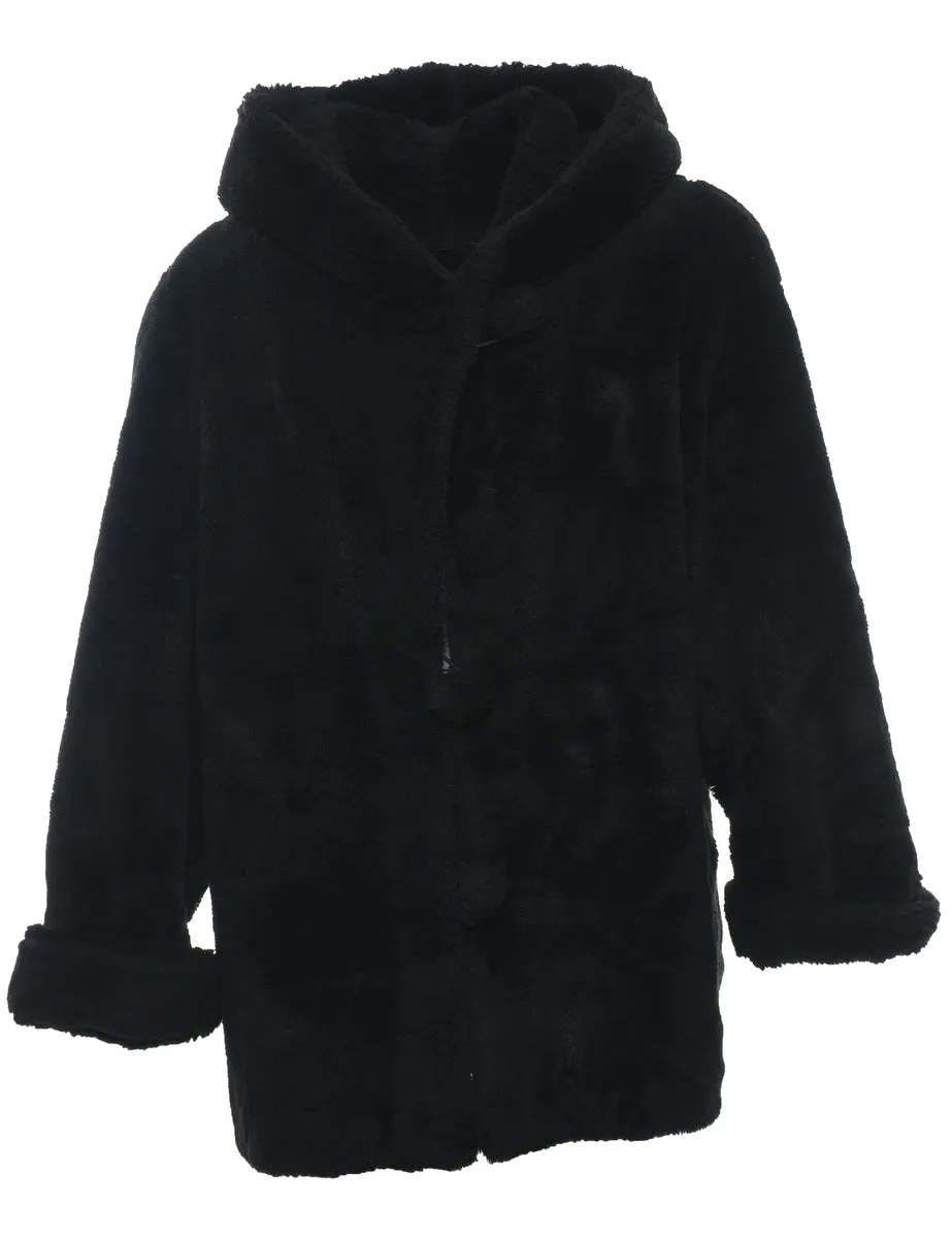 Hooded Black Classic Faux Fur Coat - L