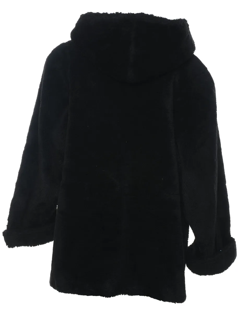 Hooded Black Classic Faux Fur Coat - L