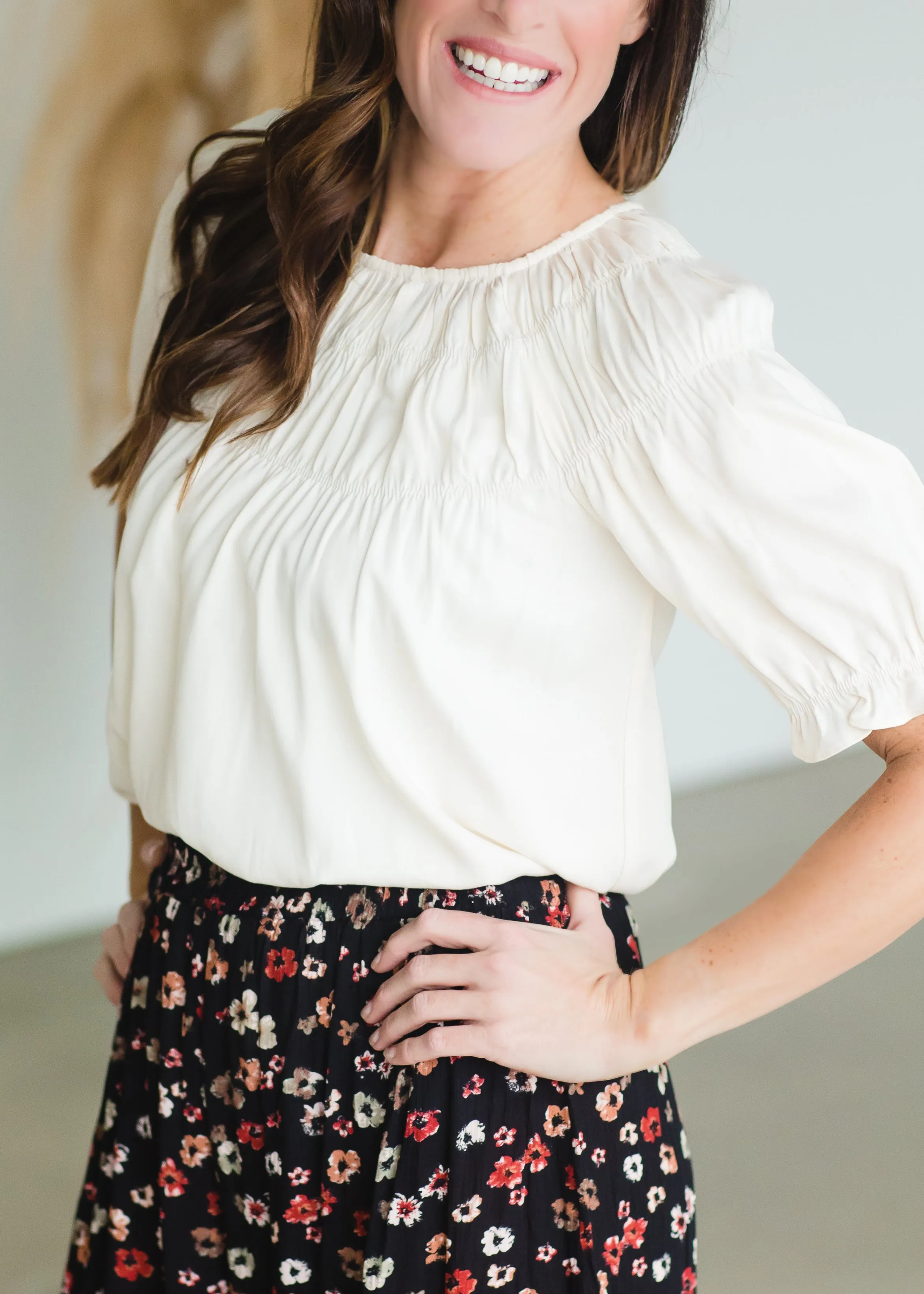 Ivory Smocked Yoke Short Sleeve Top - FINAL SALE