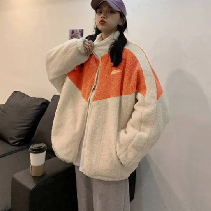 Joskaa Autumn Winter Women Letter Printed Contrast Color Oversized Patchwork Zip Up Fluffy Jacket Female Fashion Casual Warm Sweatshirt