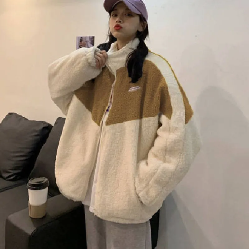 Joskaa Autumn Winter Women Letter Printed Contrast Color Oversized Patchwork Zip Up Fluffy Jacket Female Fashion Casual Warm Sweatshirt