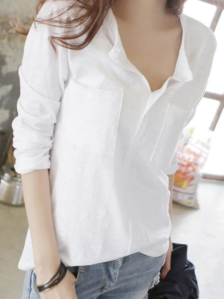 Leisure Pocket Long Sleeve Casual Blouse