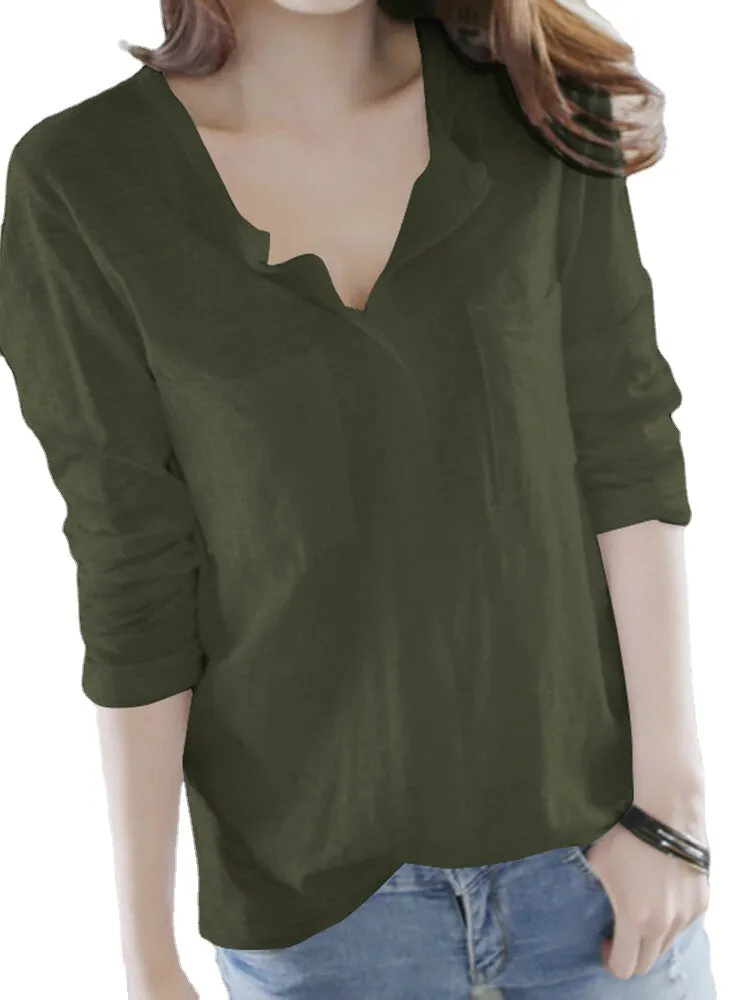 Leisure Pocket Long Sleeve Casual Blouse