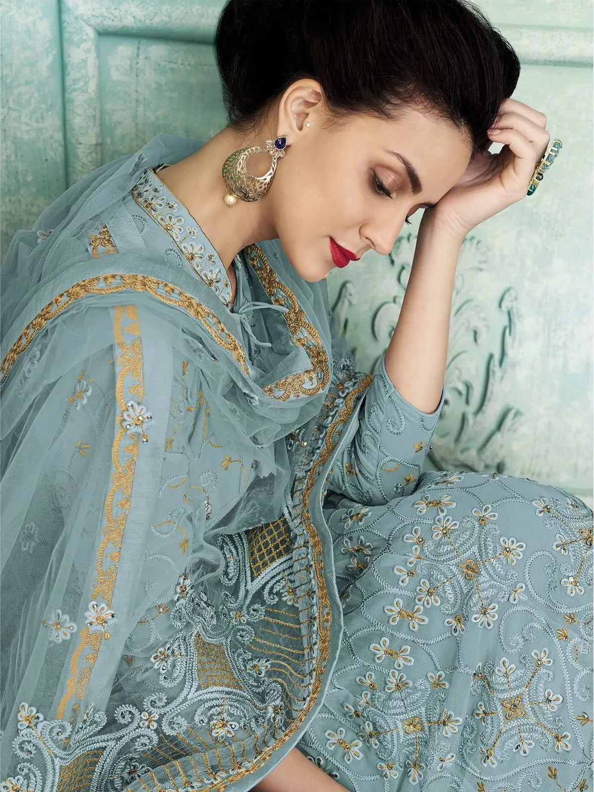 Light Blue Lucknowi Embroidered Kalidar Anarkali Suit