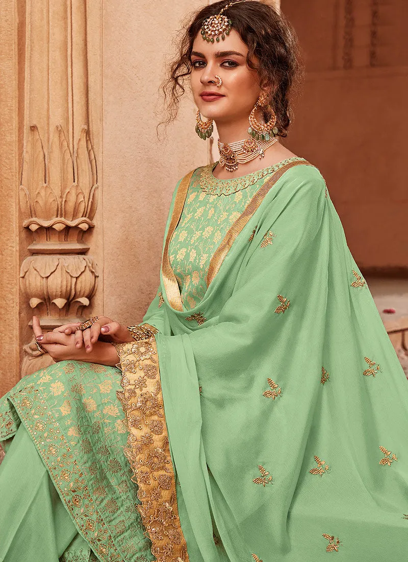 Light Green Golden Embroidered Palazzo Pant Suit