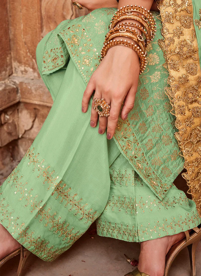 Light Green Golden Embroidered Palazzo Pant Suit