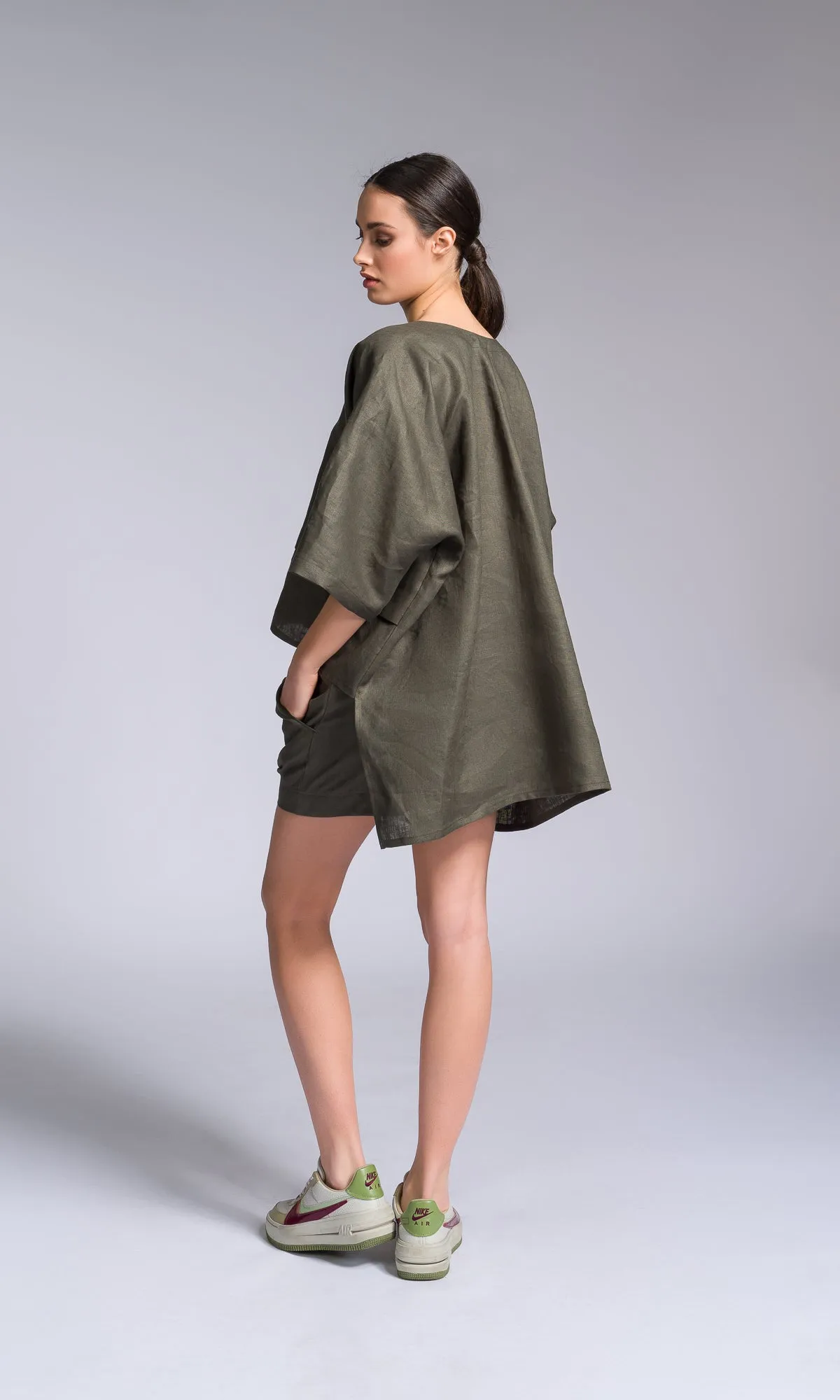 Linen Kimono Blouse with High-low Hem