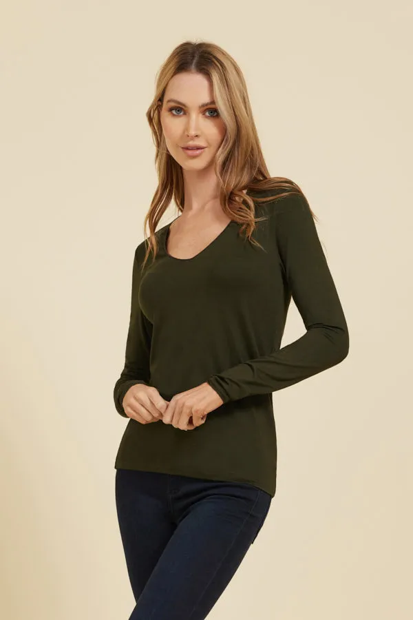 Majestic Soft Touch Long Sleeve Merrow Edge V-Neck in Deep Green