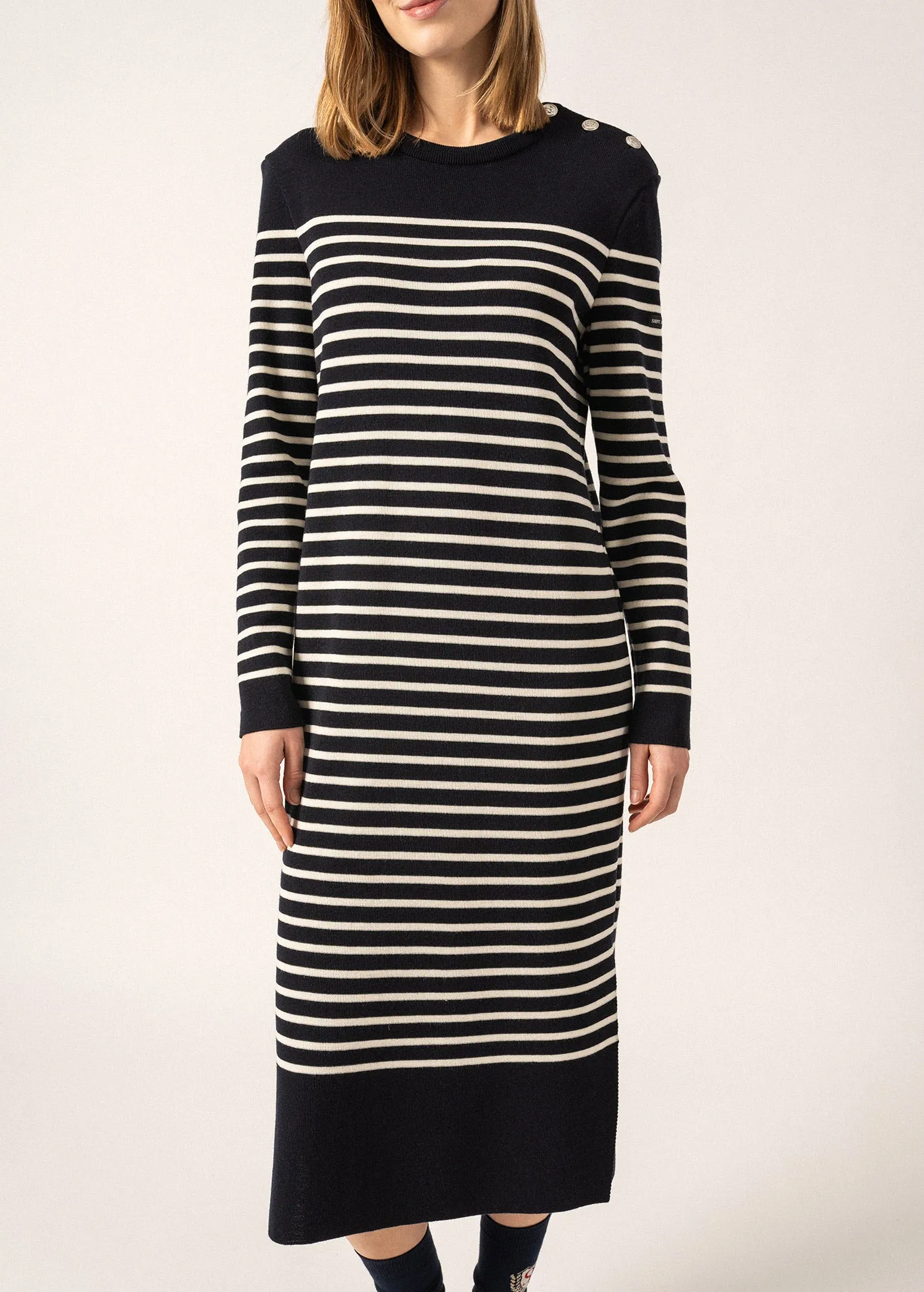 Marée Long Knitted Dress - striped, in wool (NAVY/ECUME)