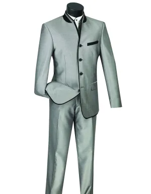 Mens 4 button Mandarin Tuxedo in Sharkskin Silver Grey with Black Trim