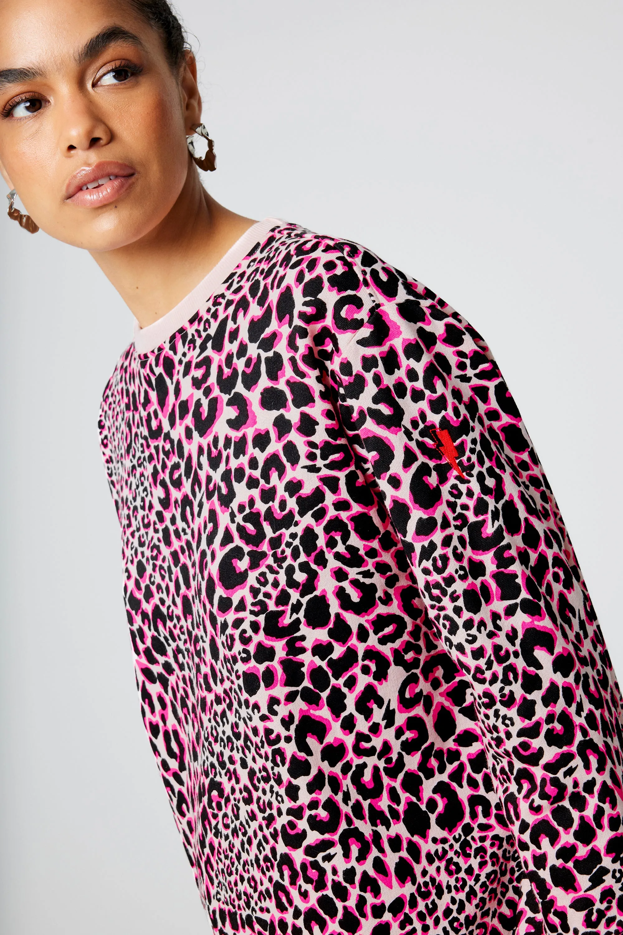 Neutral with Pink and Black Rock and Roll Leopard Oversized Sweatshirt