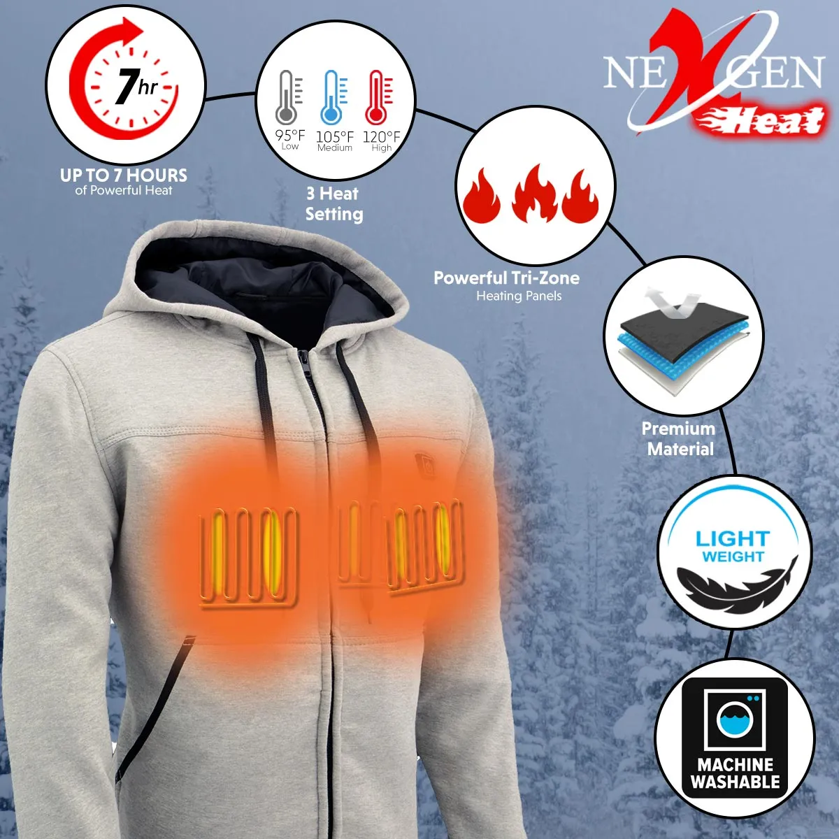 Nexgen Heat MPM1714SET Men's “Fiery’’ Heated Hoodie Silver Zipper