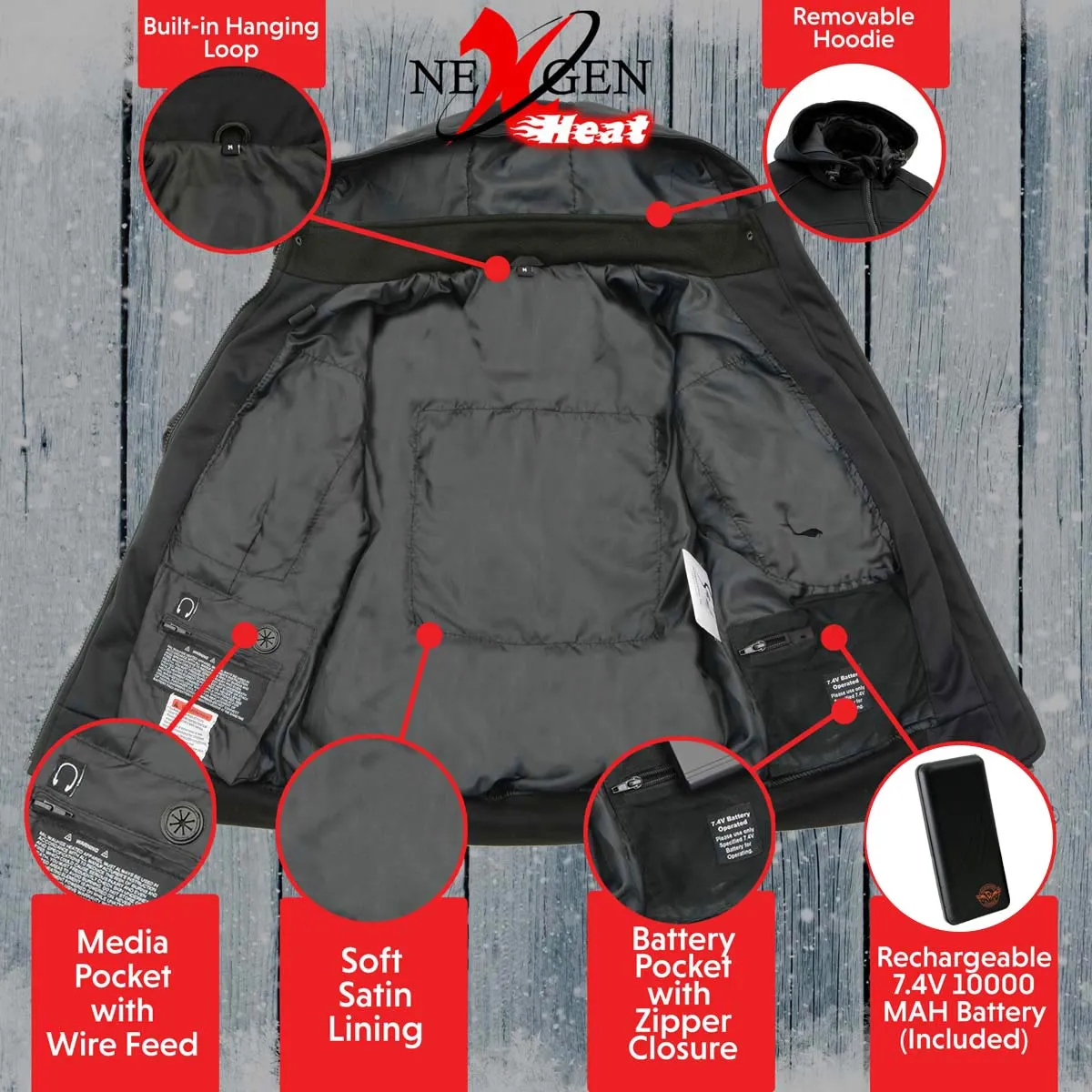 Nexgen Heat NXM1761SET Men’s Black Igniter 'Heated' Soft Shell Racing Style Motorcycle Heated Jacket w/ Battery