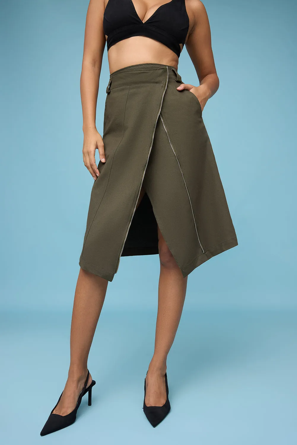 Olive Asymmetric Midi Skirt