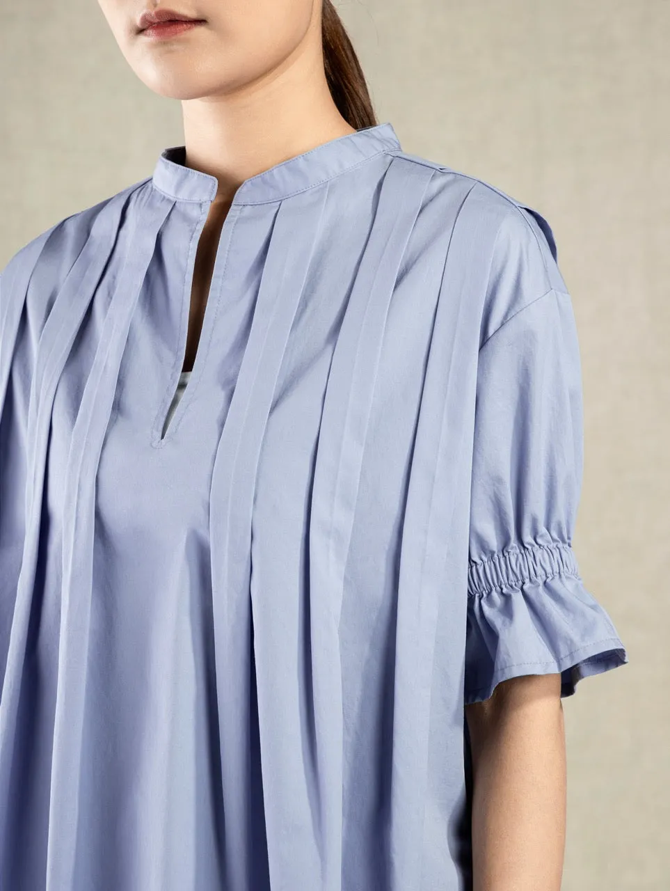 Pleated V-neck SS Blouse Light Blue