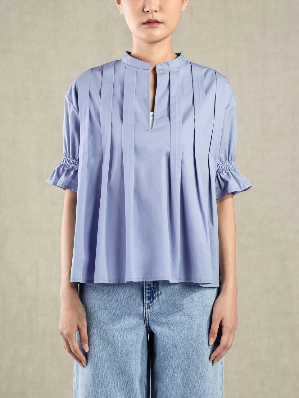 Pleated V-neck SS Blouse Light Blue