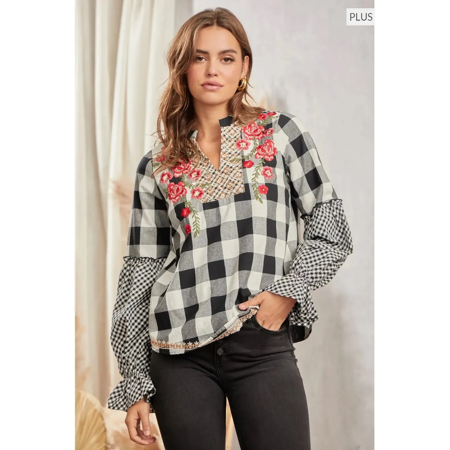 Plus Plaid Embroidery Top