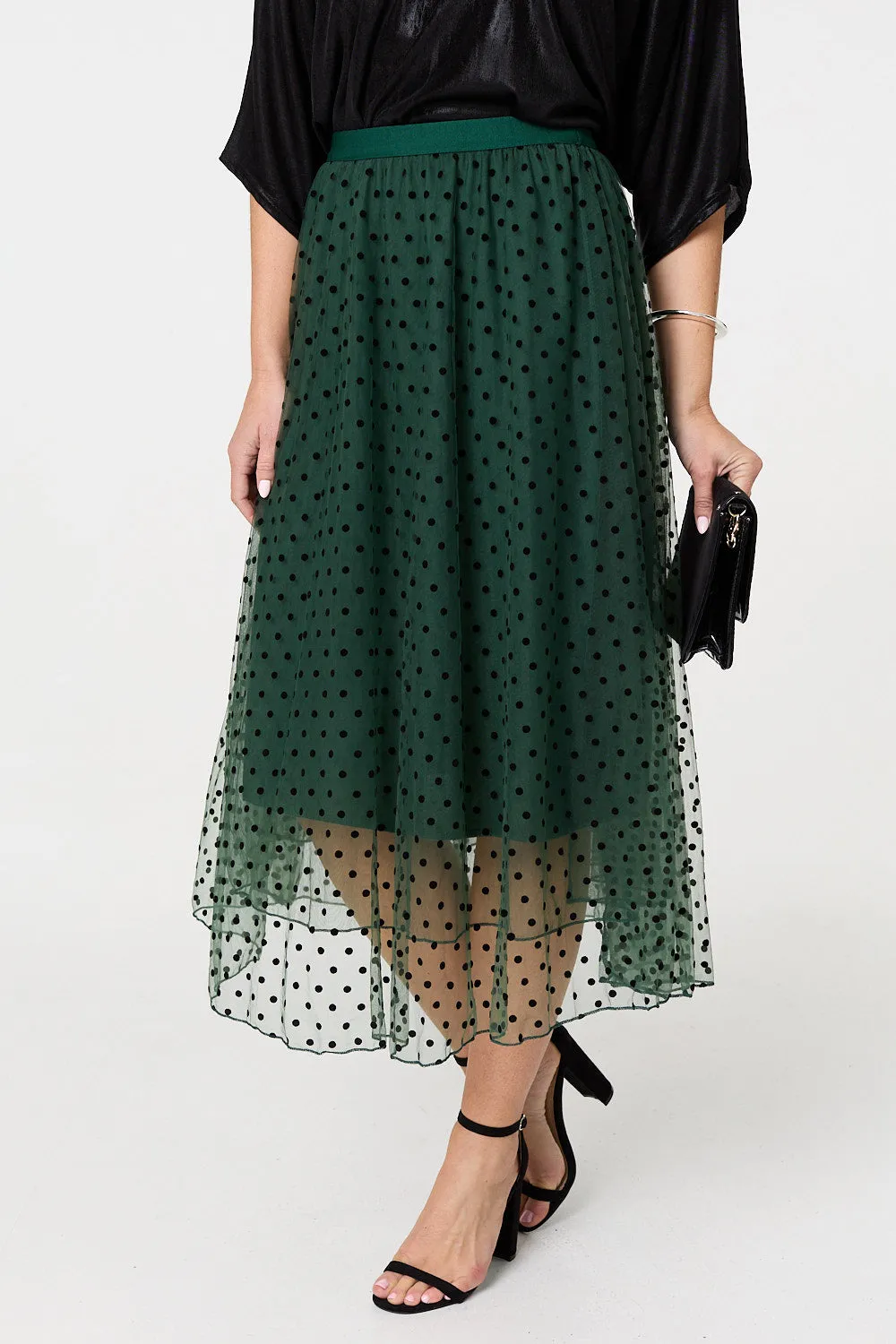 Polka Dot Layered Mesh Midi Skirt