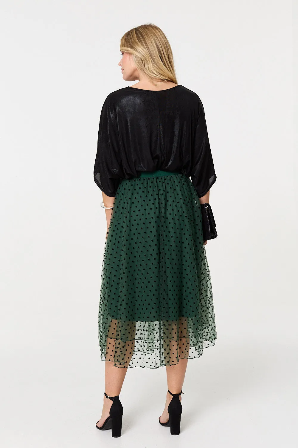 Polka Dot Layered Mesh Midi Skirt