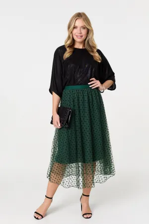 Polka Dot Layered Mesh Midi Skirt