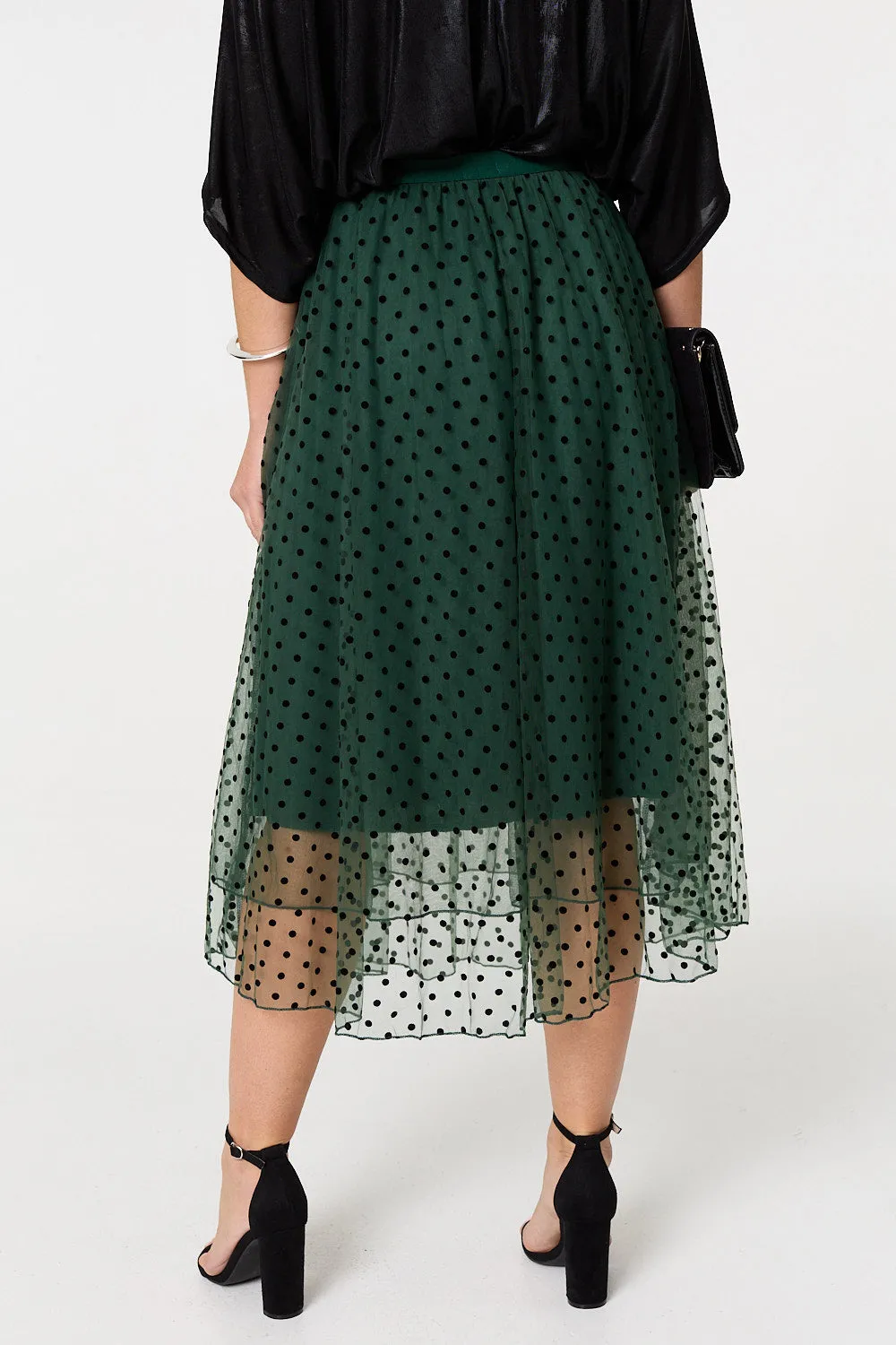 Polka Dot Layered Mesh Midi Skirt