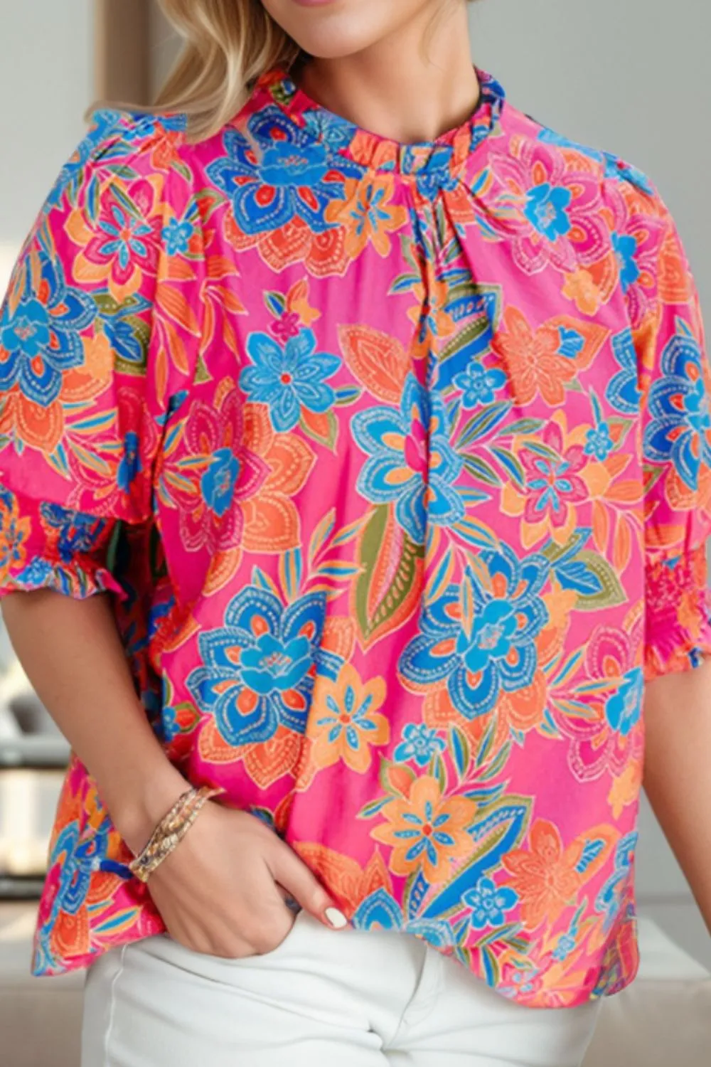 Printed Mock Neck Half Sleeve Blouse