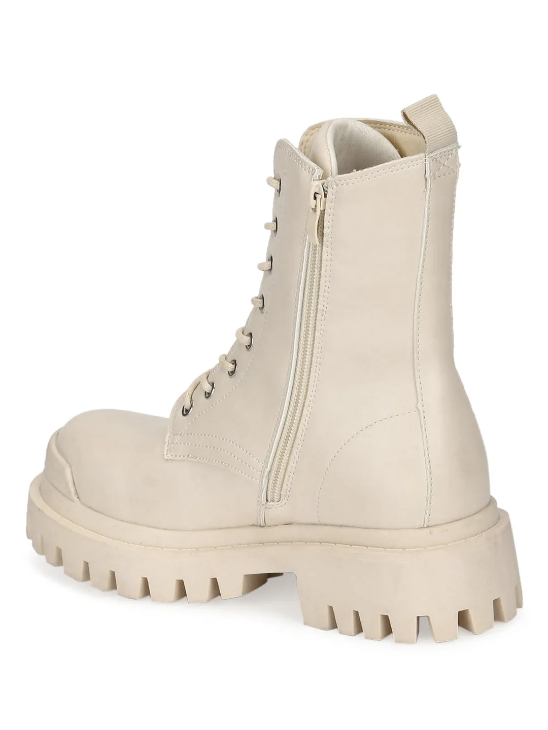 Putty Beige PU Lace Up Combat Ankle Boots