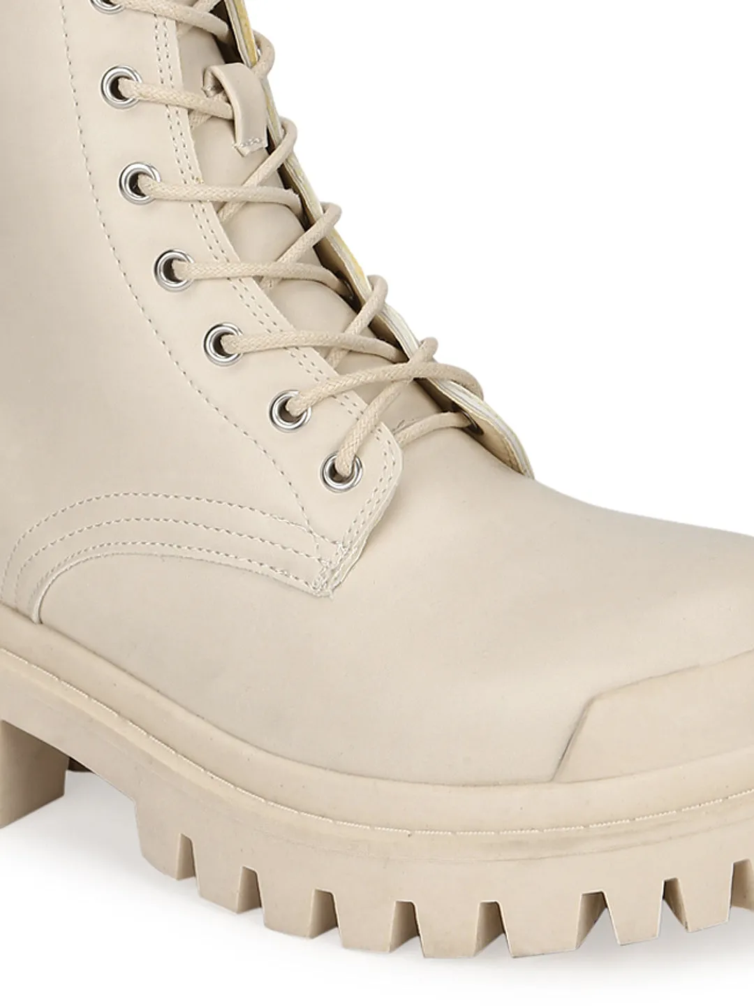 Putty Beige PU Lace Up Combat Ankle Boots