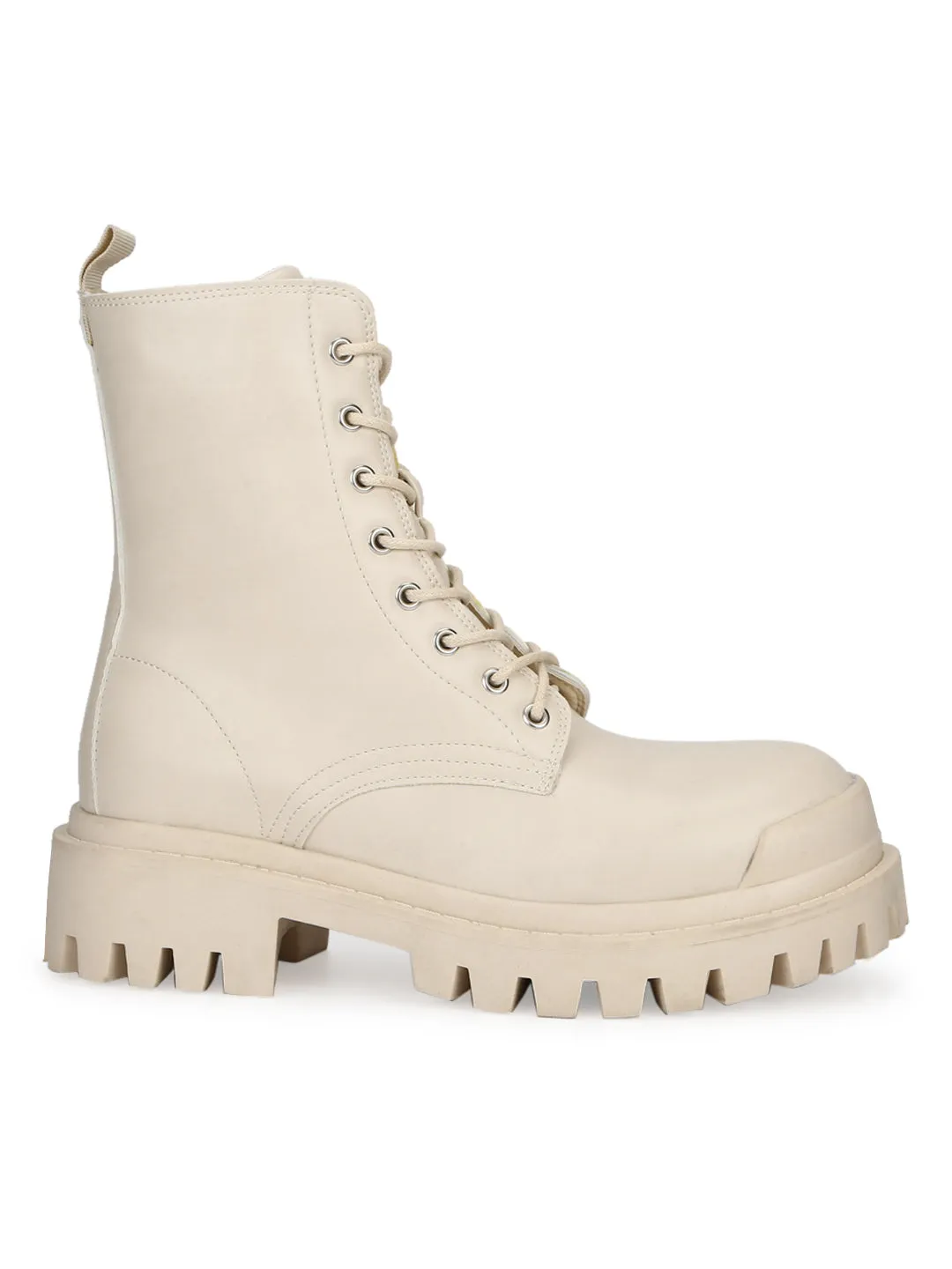 Putty Beige PU Lace Up Combat Ankle Boots