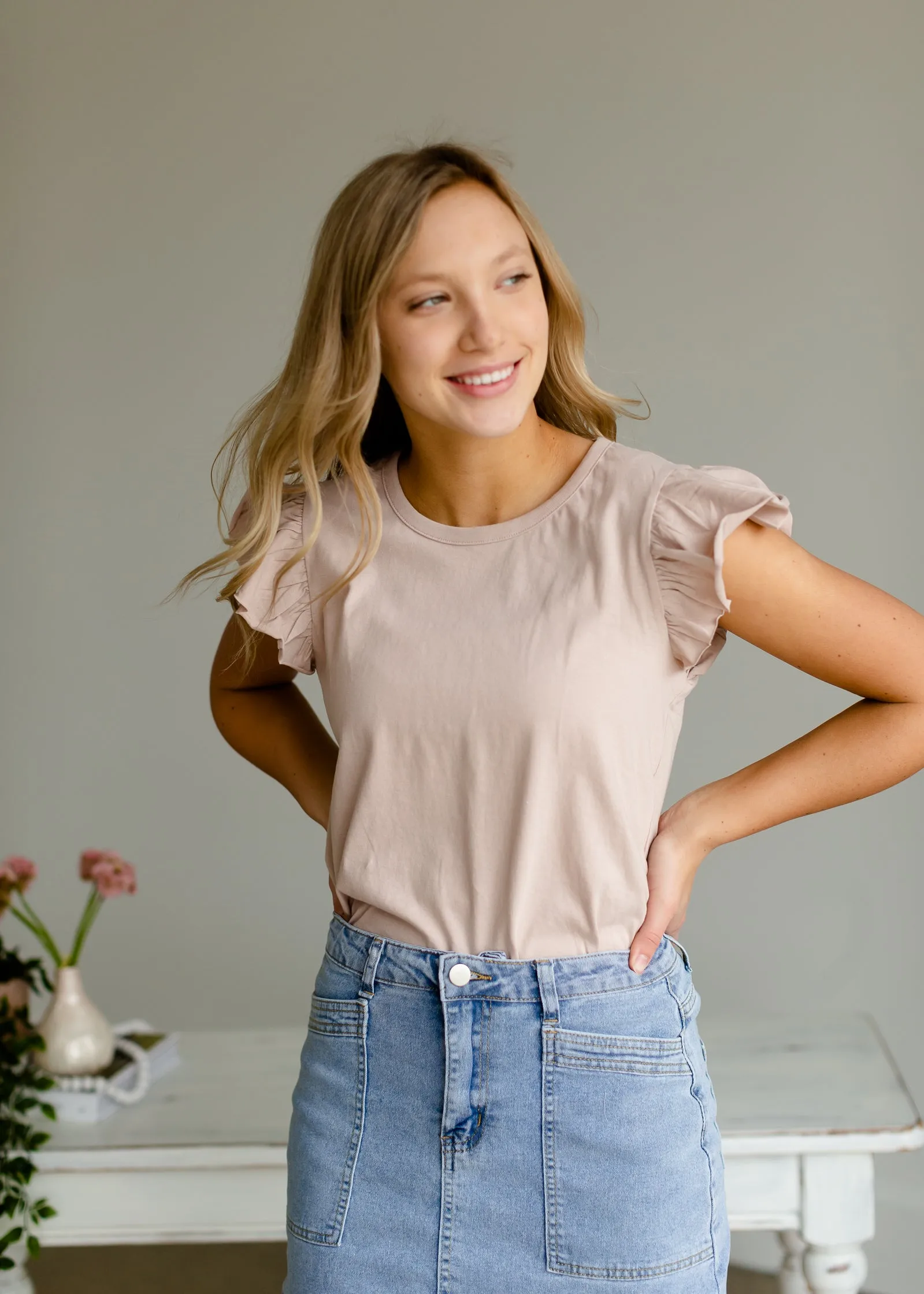 Rose Taupe Flutter Sleeve Top - FINAL SALE