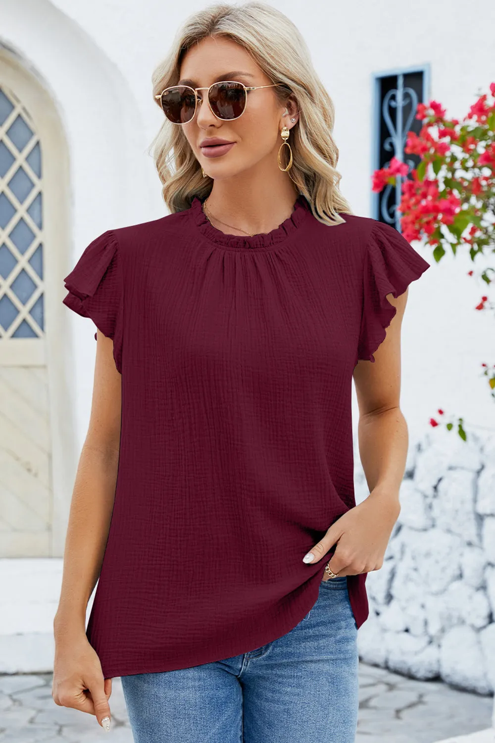 Ruffled Round Neck Cap Sleeve Blouse - 8 Colors