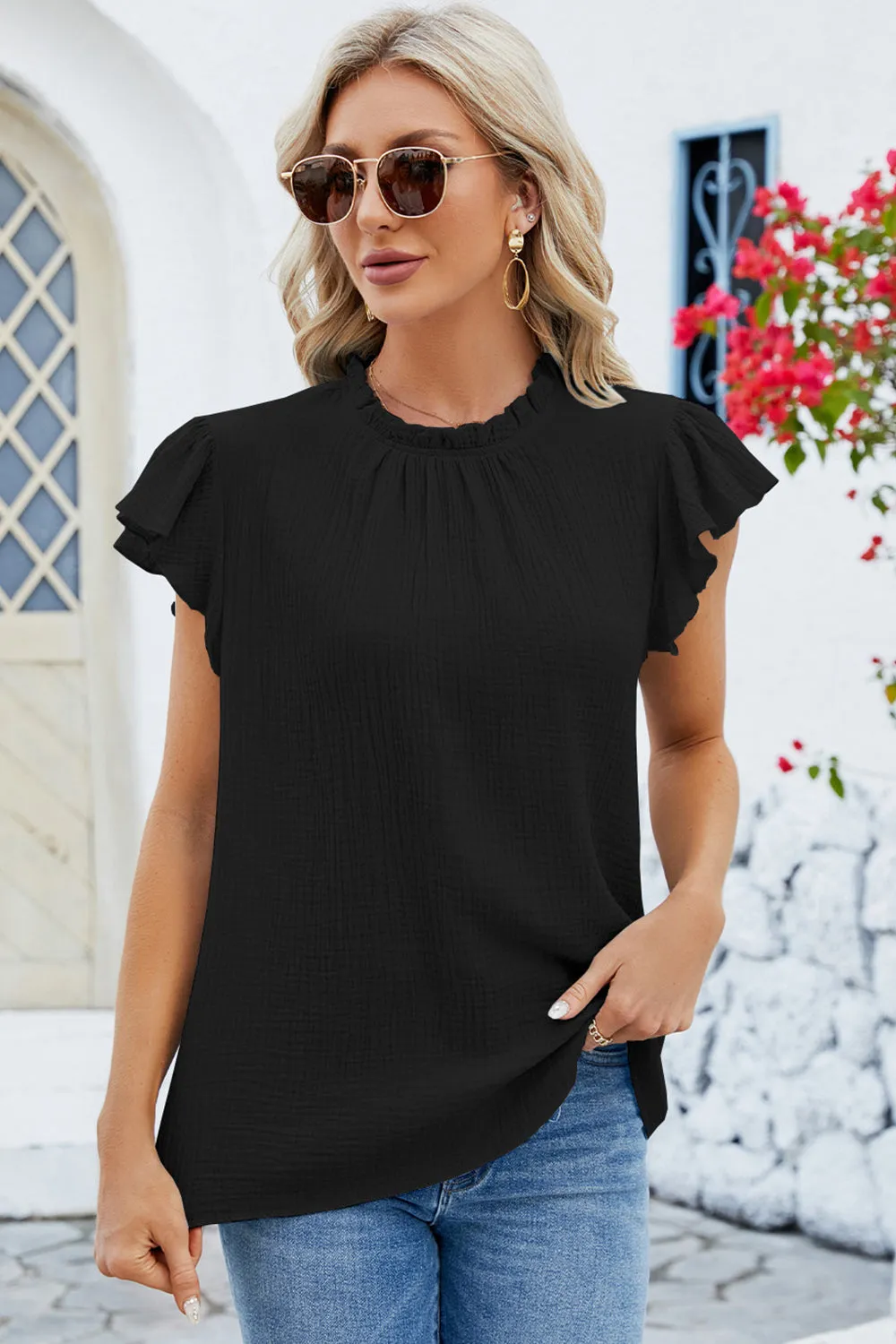 Ruffled Round Neck Cap Sleeve Blouse - 8 Colors