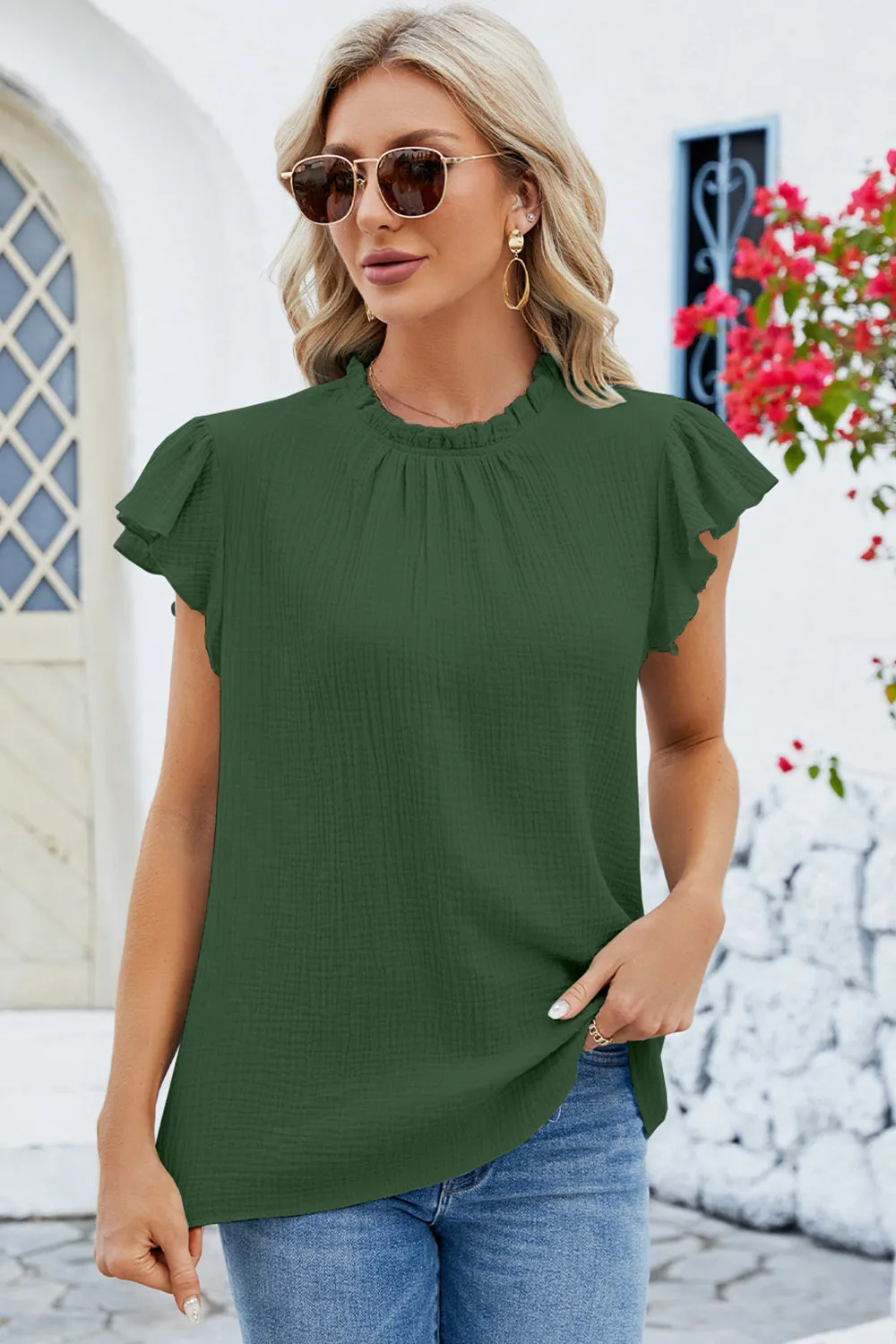 Ruffled Round Neck Cap Sleeve Blouse - 8 Colors