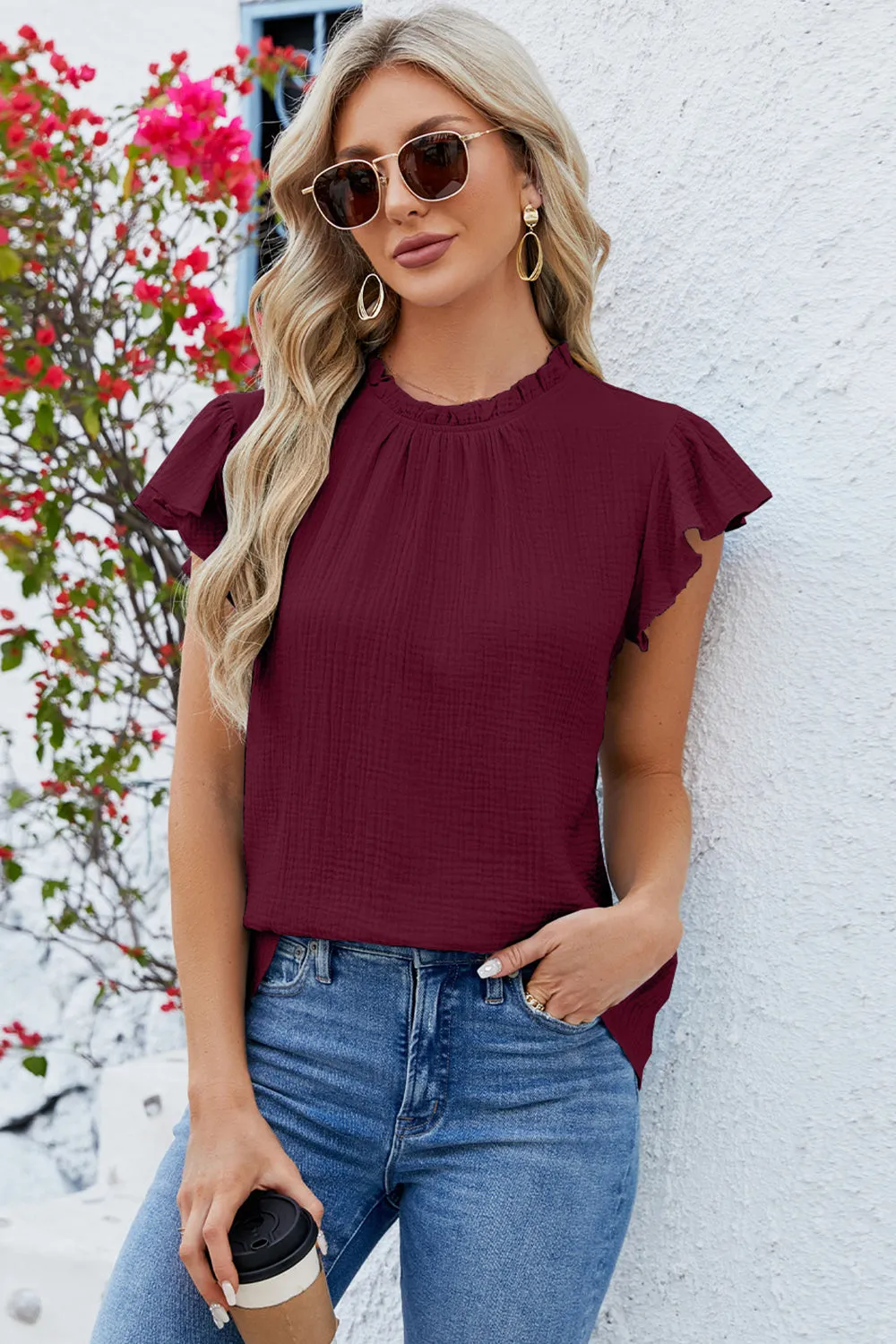 Ruffled Round Neck Cap Sleeve Blouse - 8 Colors