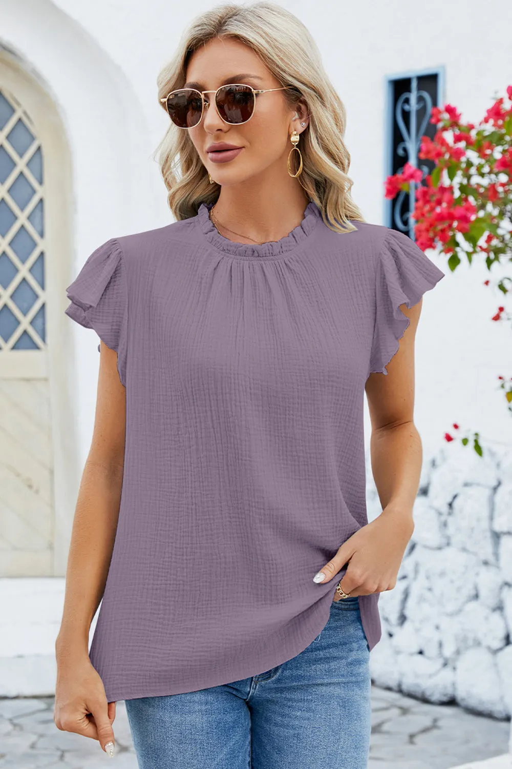 Ruffled Round Neck Cap Sleeve Blouse - 8 Colors