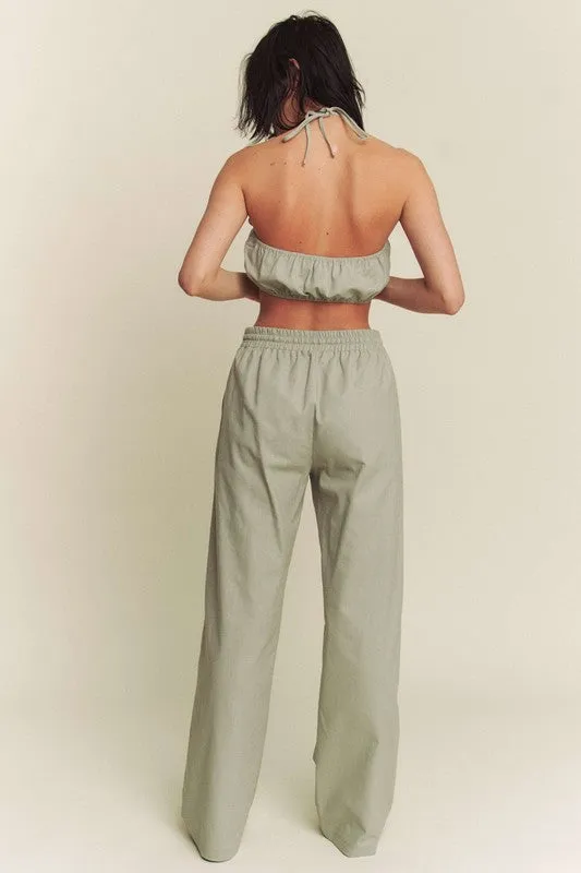 Sage Linen Halter Tie Top With Matching Pants Set