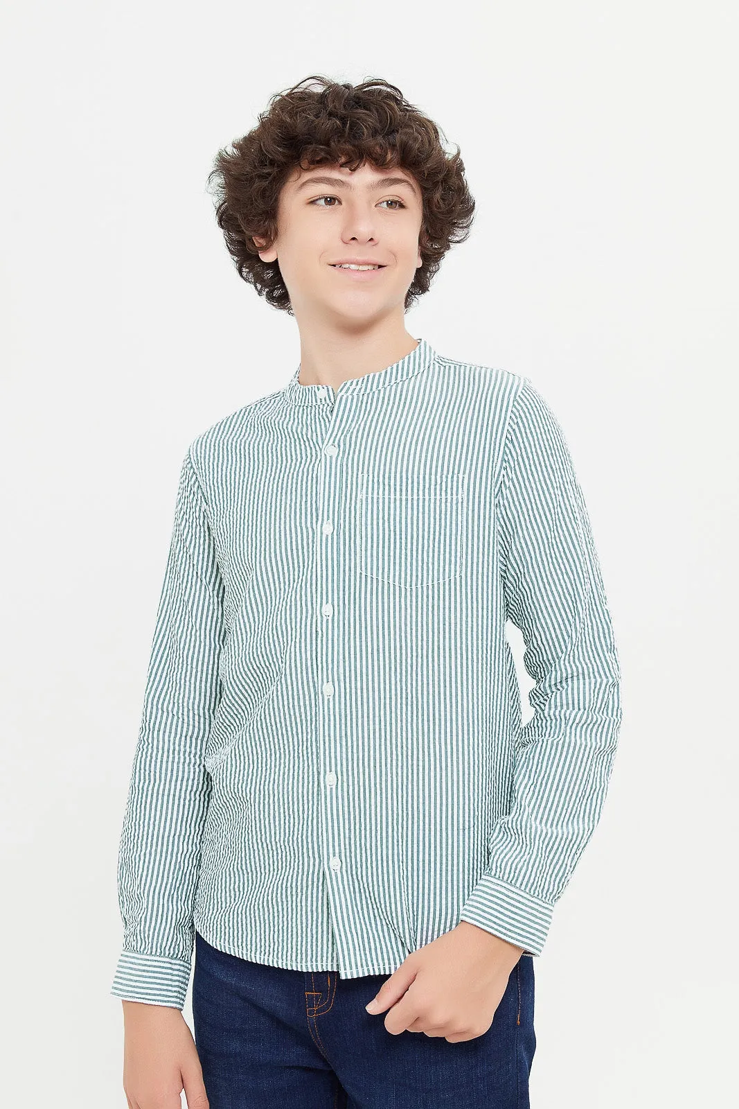 Senior Boys Olive Stripe Casual Shirt