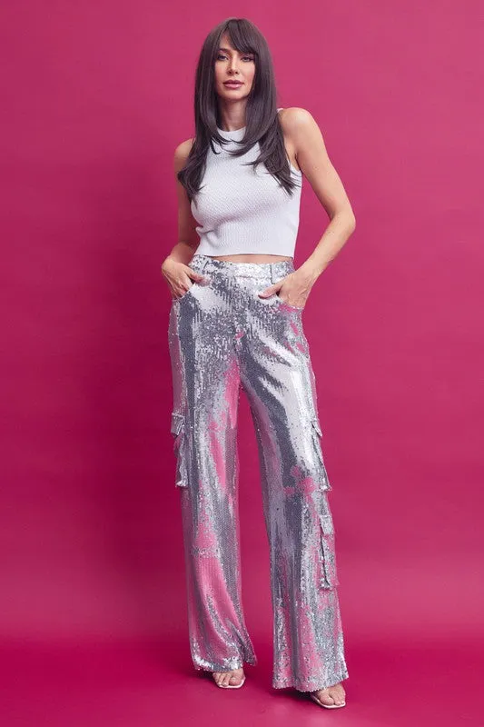 Silver Sequin Cargo Pants With Pockets