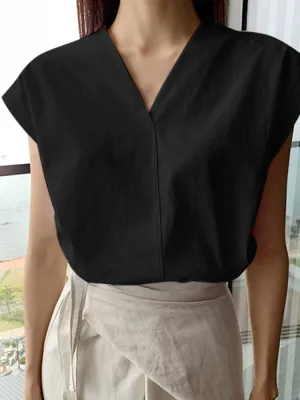 Solid V Neck Short Sleeve Casual Blouse