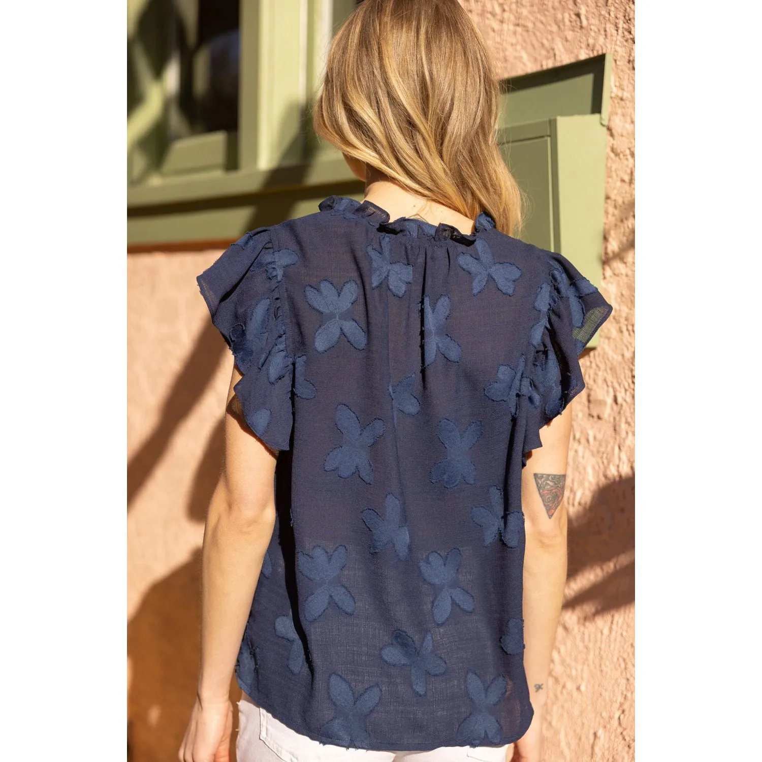 Stevie Navy Ruffle Neck Button Front Floral Burn Out VOY Top