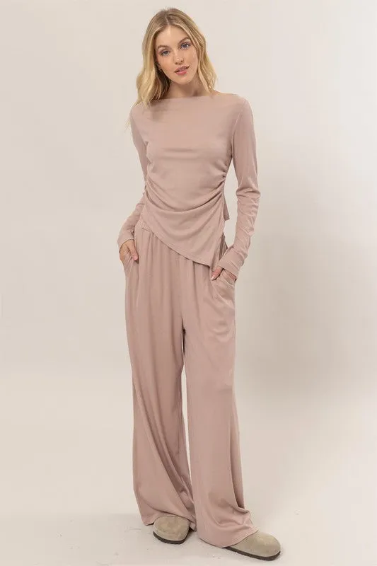 Taupe Set-Off-Shoulder Top And Pants Set