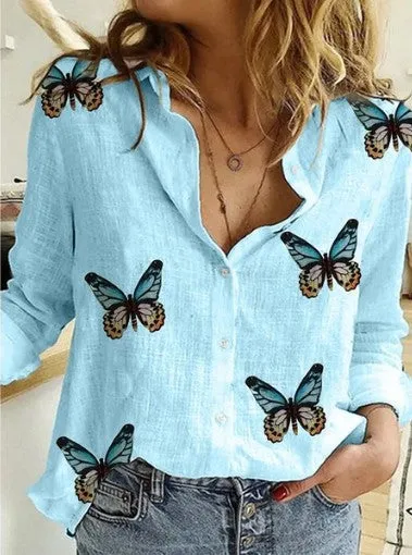 Temperament ladies irregular butterfly print shirt