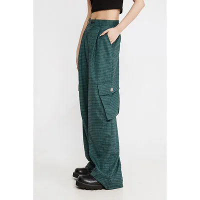 THELIGHT women's loose wide leg work pants plaid green high street camping pants