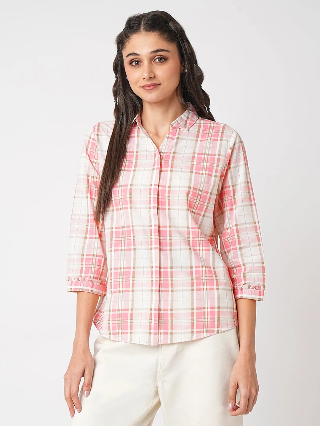 Women Dusty Pink Checks Slim Fit Shirt