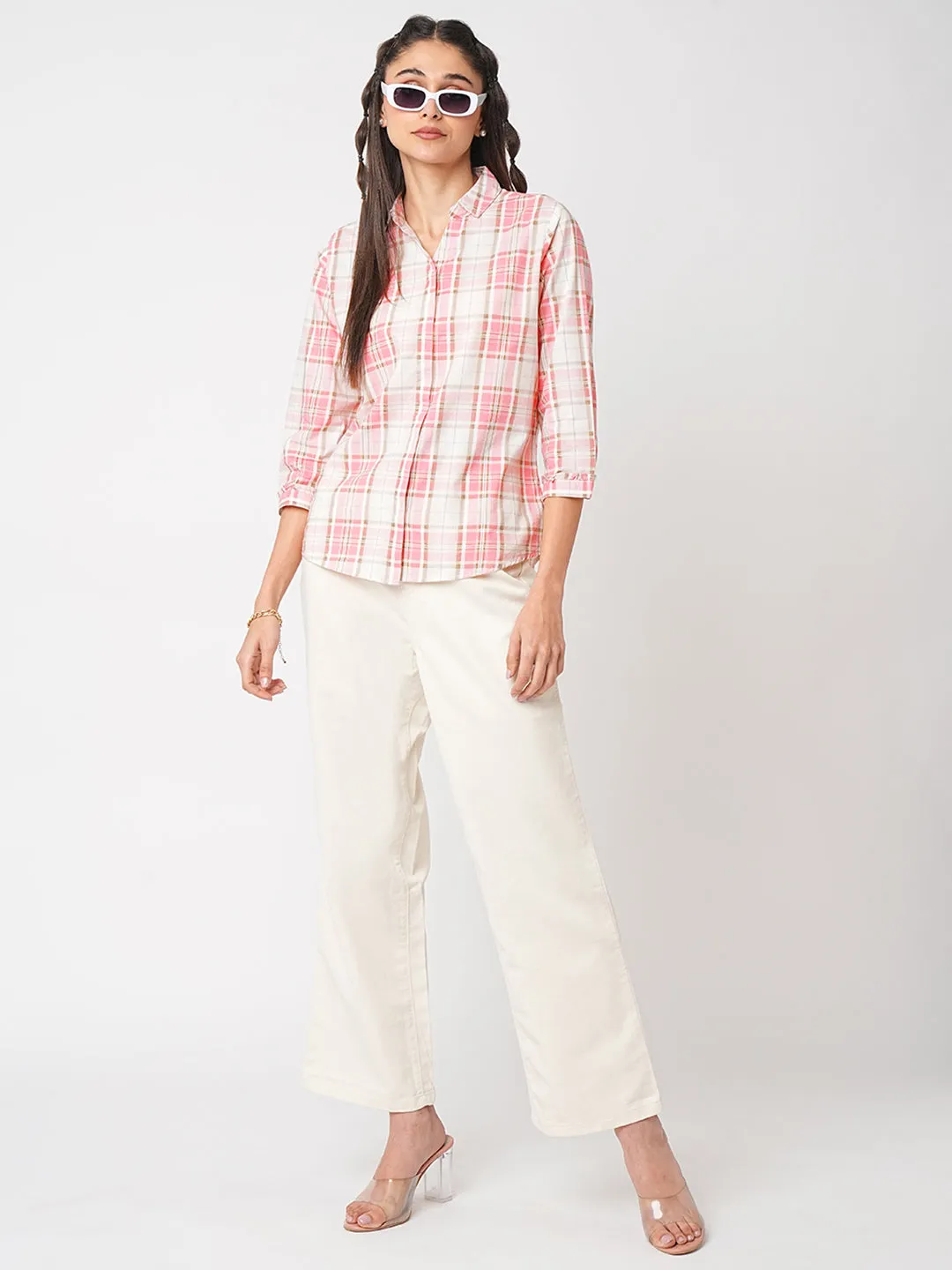 Women Dusty Pink Checks Slim Fit Shirt