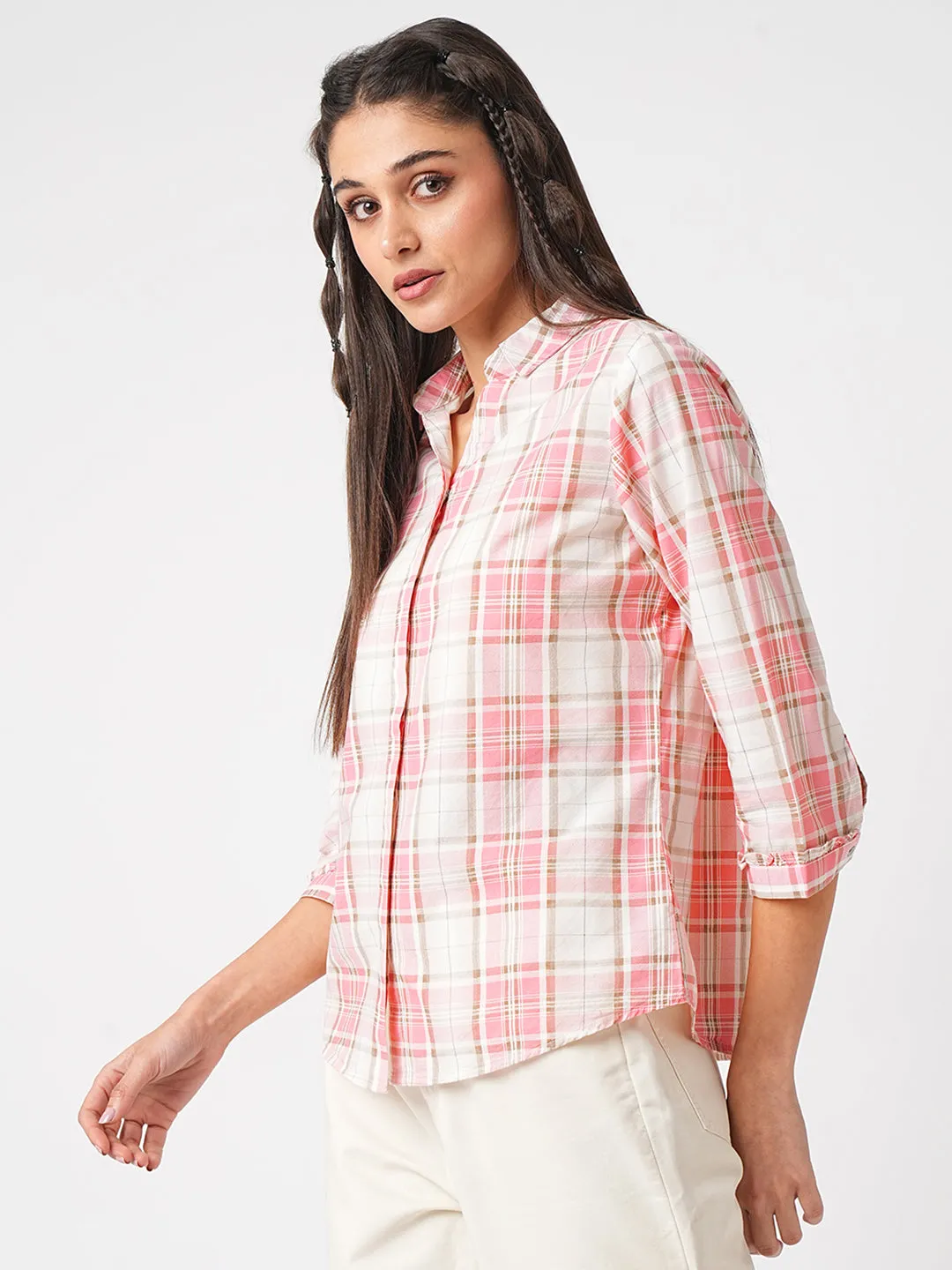 Women Dusty Pink Checks Slim Fit Shirt