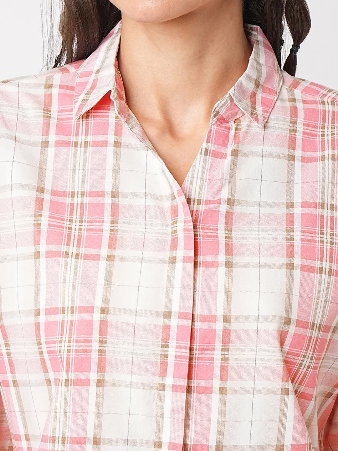 Women Dusty Pink Checks Slim Fit Shirt