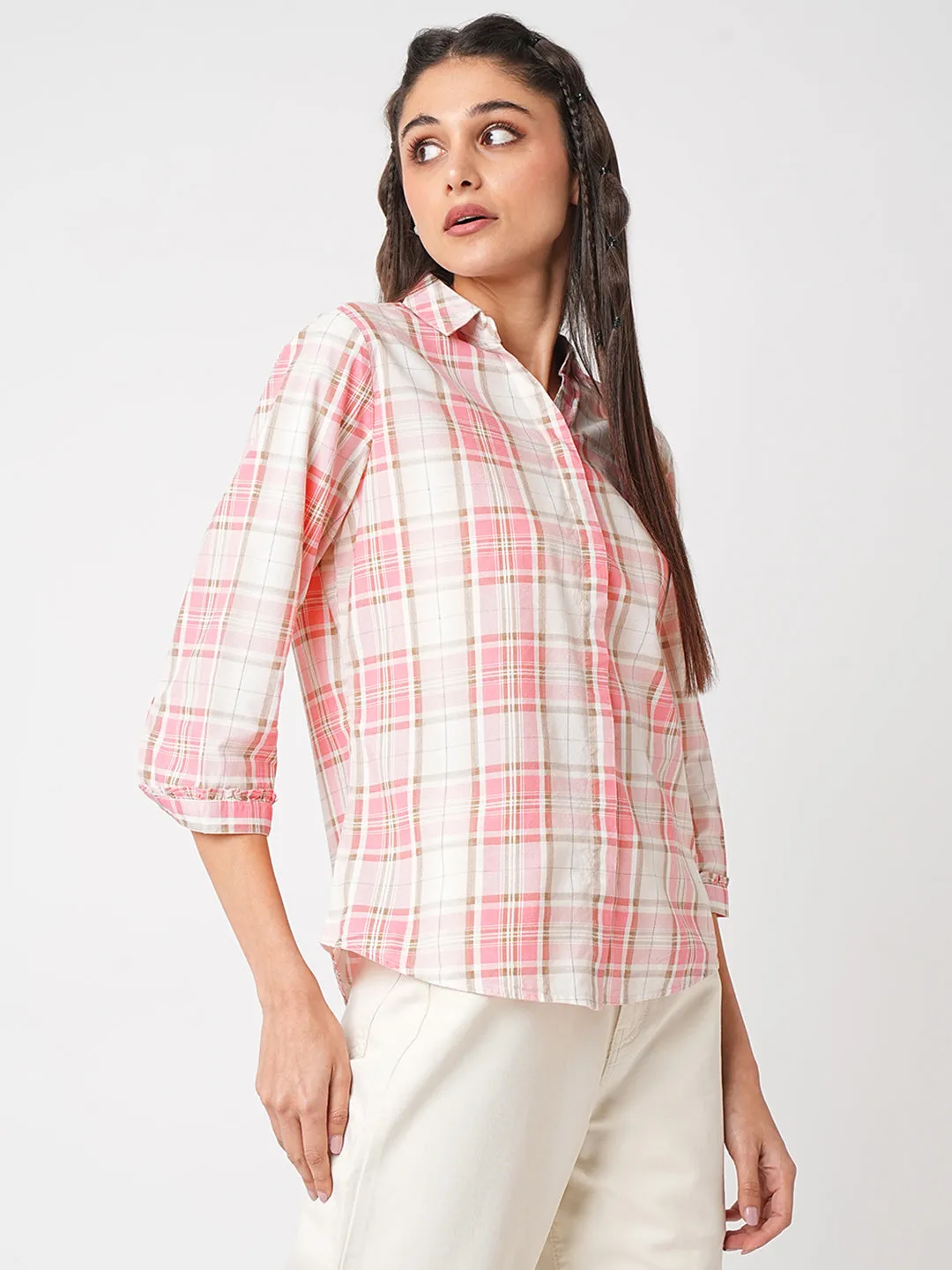 Women Dusty Pink Checks Slim Fit Shirt